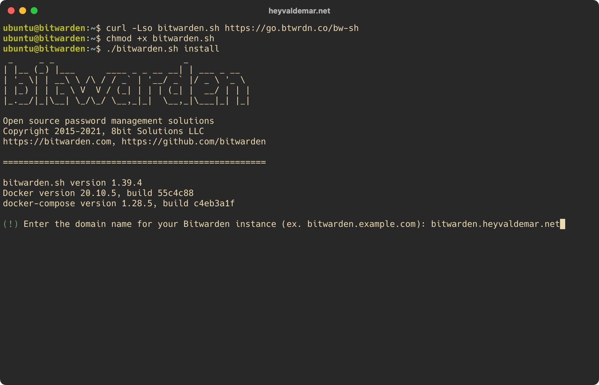 Установка Bitwarden на Ubuntu Server 20.04 LTS