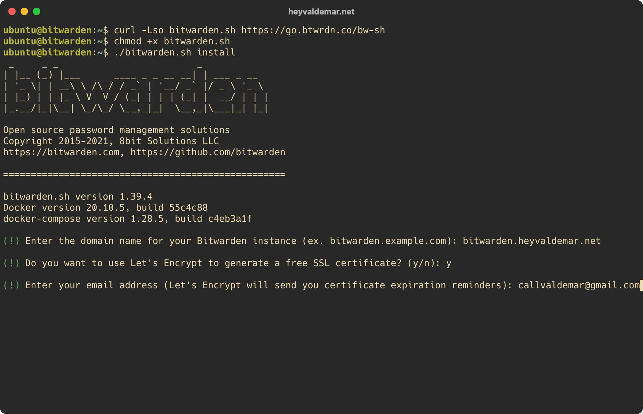 Установка Bitwarden на Ubuntu Server 20.04 LTS