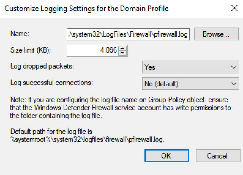 Включение логирования в Windows Firewall
